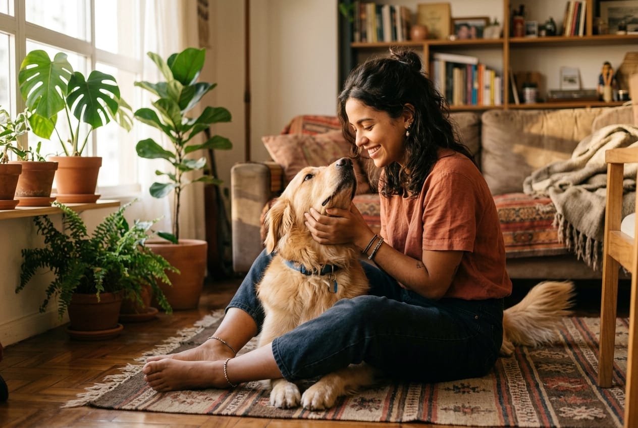 Mulher sorridente abraçando seu cão em um momento de carinho e conexão