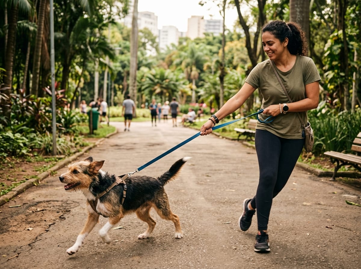 Cão agitado puxando a coleira durante o passeio na rua
